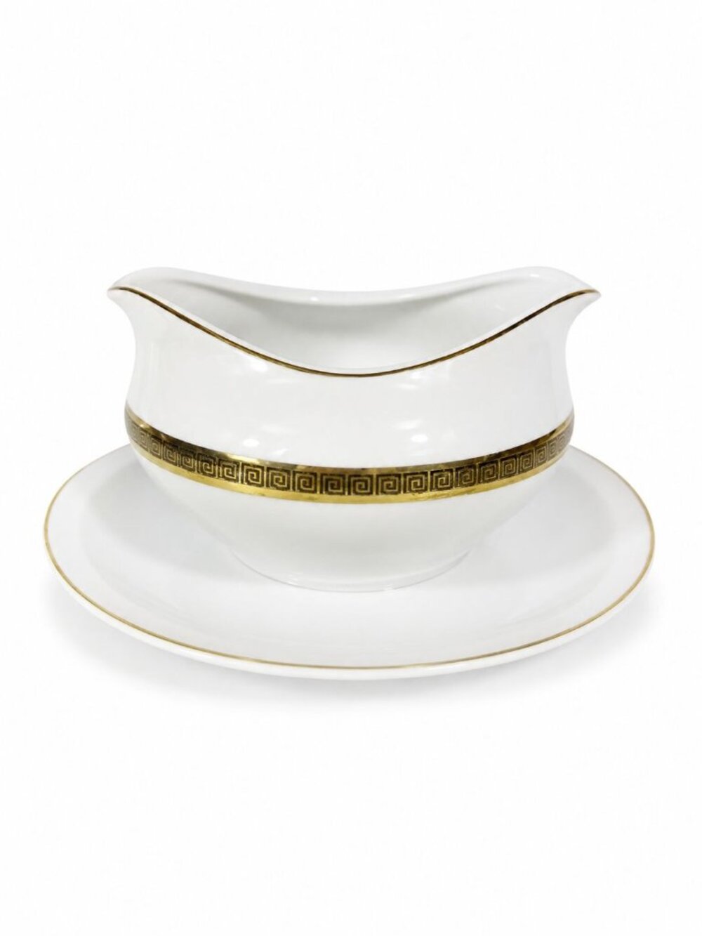 Gravy Boat Saucer Key Largo by Meito Black Greek Key On Gold Band Royal M Japan